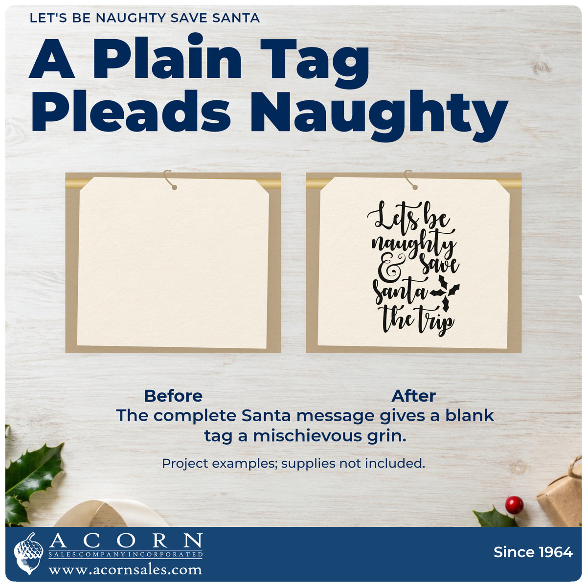Before and after of a plain item finished with the Let's Be Naughty Save Santa Stamp – Self-Inking, a quick upgrade for framed suite mirror.