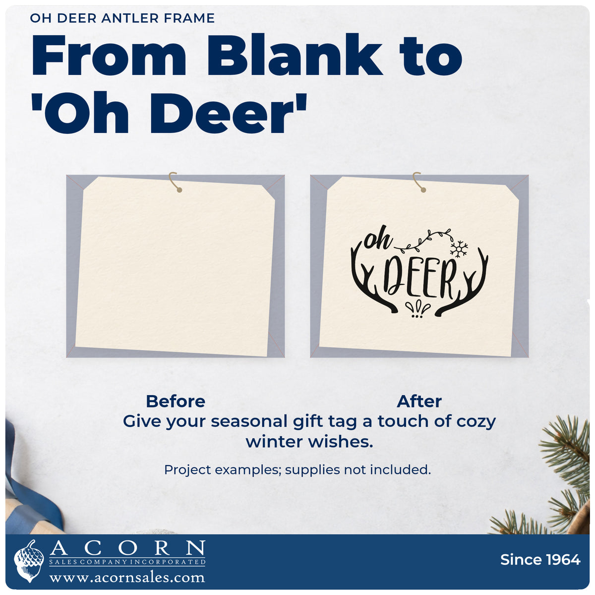 Before and after of a plain item finished with the Slim Pre-Inked Oh Deer Antler Frame Stamp, a quick upgrade for framed oval mat.