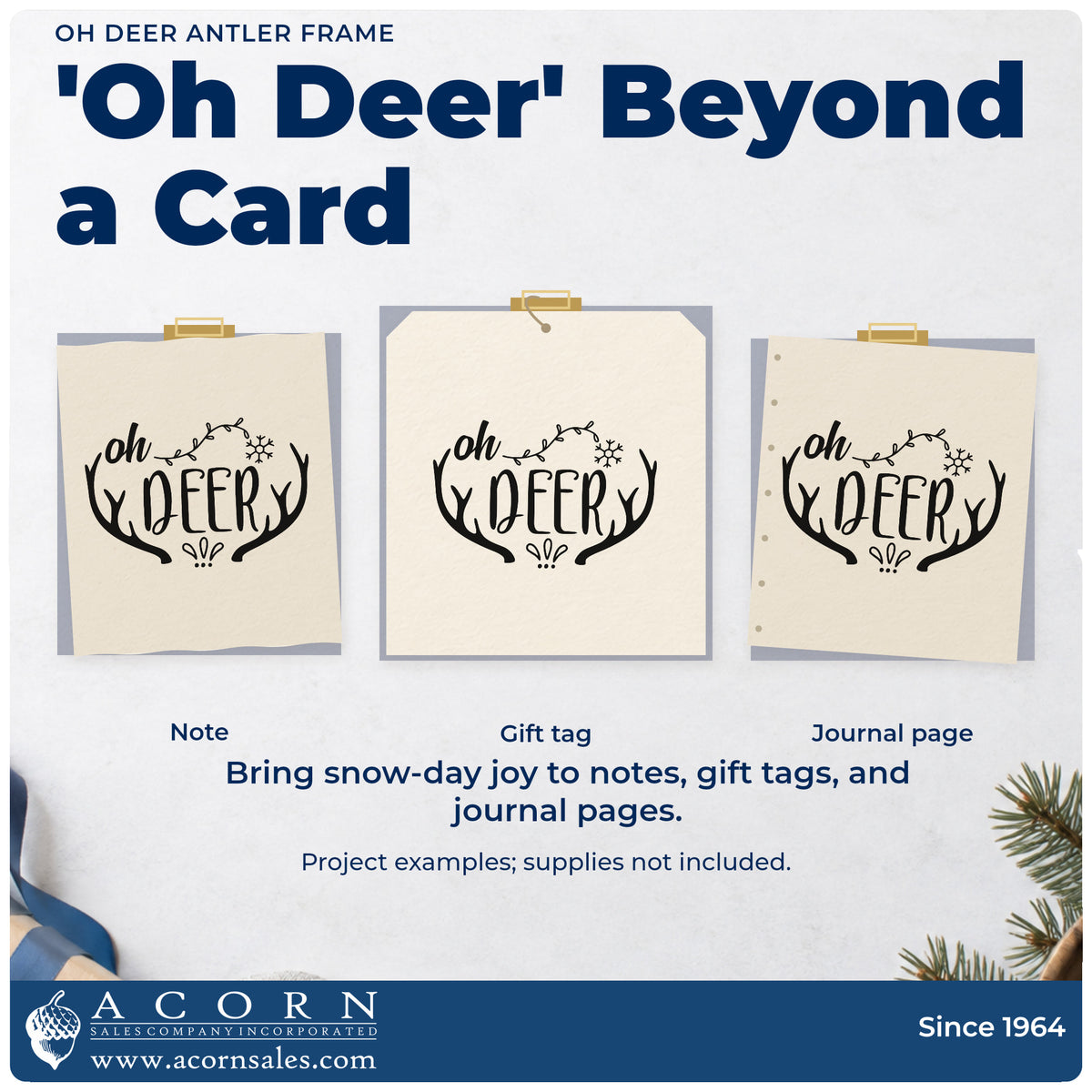 Three project examples made with the Slim Pre-Inked Oh Deer Antler Frame Stamp, including page crown divider.