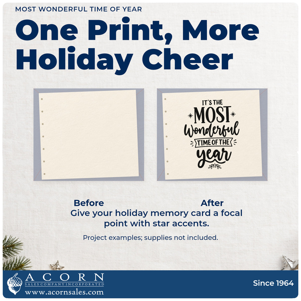 Before and after of a plain item finished with the Wood Handle It's The Most Wonderful Time Of The Year Star Accents Rubber Stamp, a quick upgrade for framed shop notice.