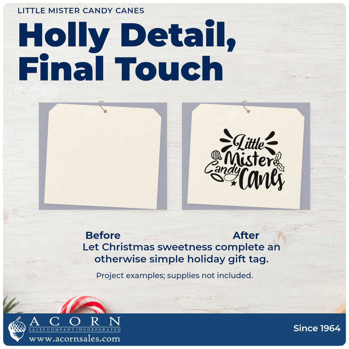 Before and after of a plain item finished with the Little Mister Candy Canes Holly Wood Handle Stamp, a quick upgrade for framed nursery ledge.
