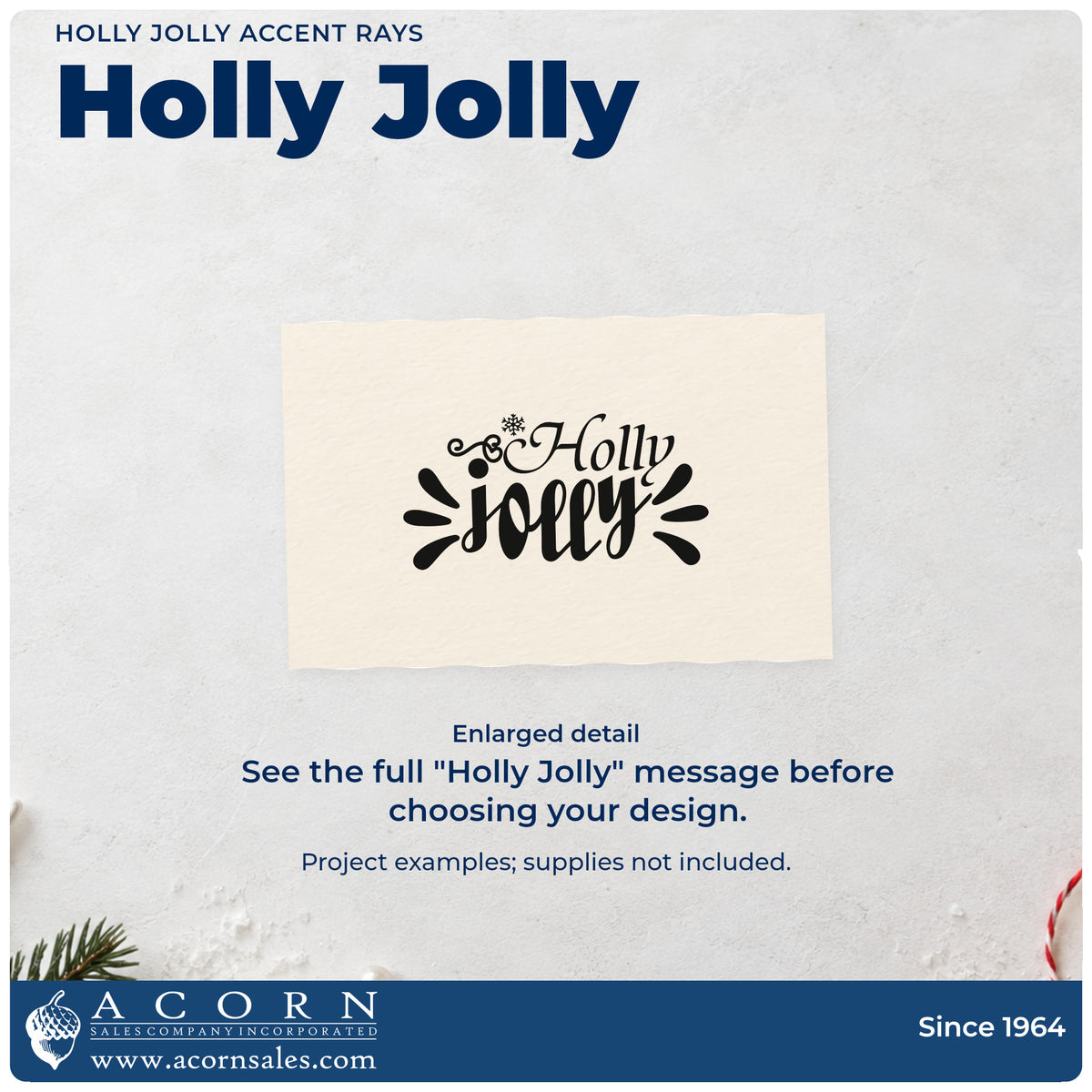 Enlarged detail of the Holly Jolly Accent Rays Snowflakes Stamp – Premium Vintage Pro Wooden imprint. “Holly Jolly” features holly, a snowflake, curls, and bold decorative rays.