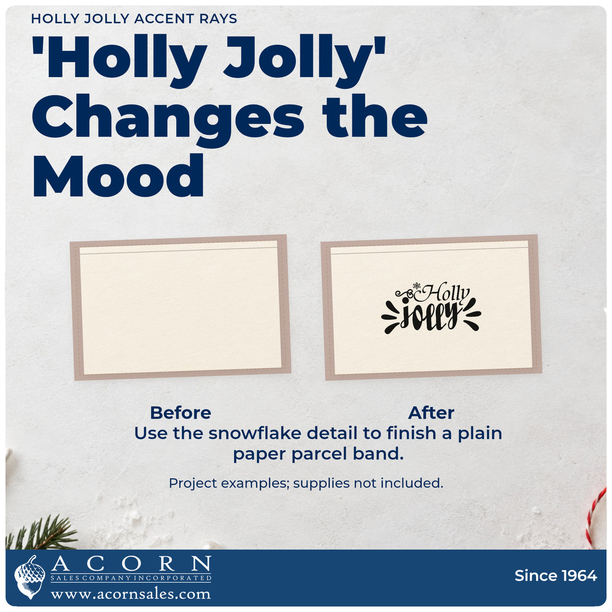 Before and after of a plain item finished with the Holly Jolly Accent Rays Snowflakes Stamp – Premium Vintage Pro Wooden, a quick upgrade for framed accent wall.