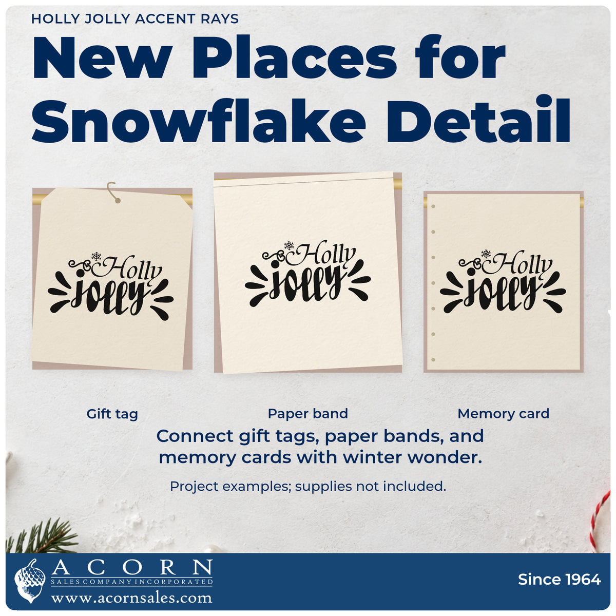 Three project examples made with the Holly Jolly Accent Rays Snowflakes Hand Stamp – Duo, including highlight header sheet.