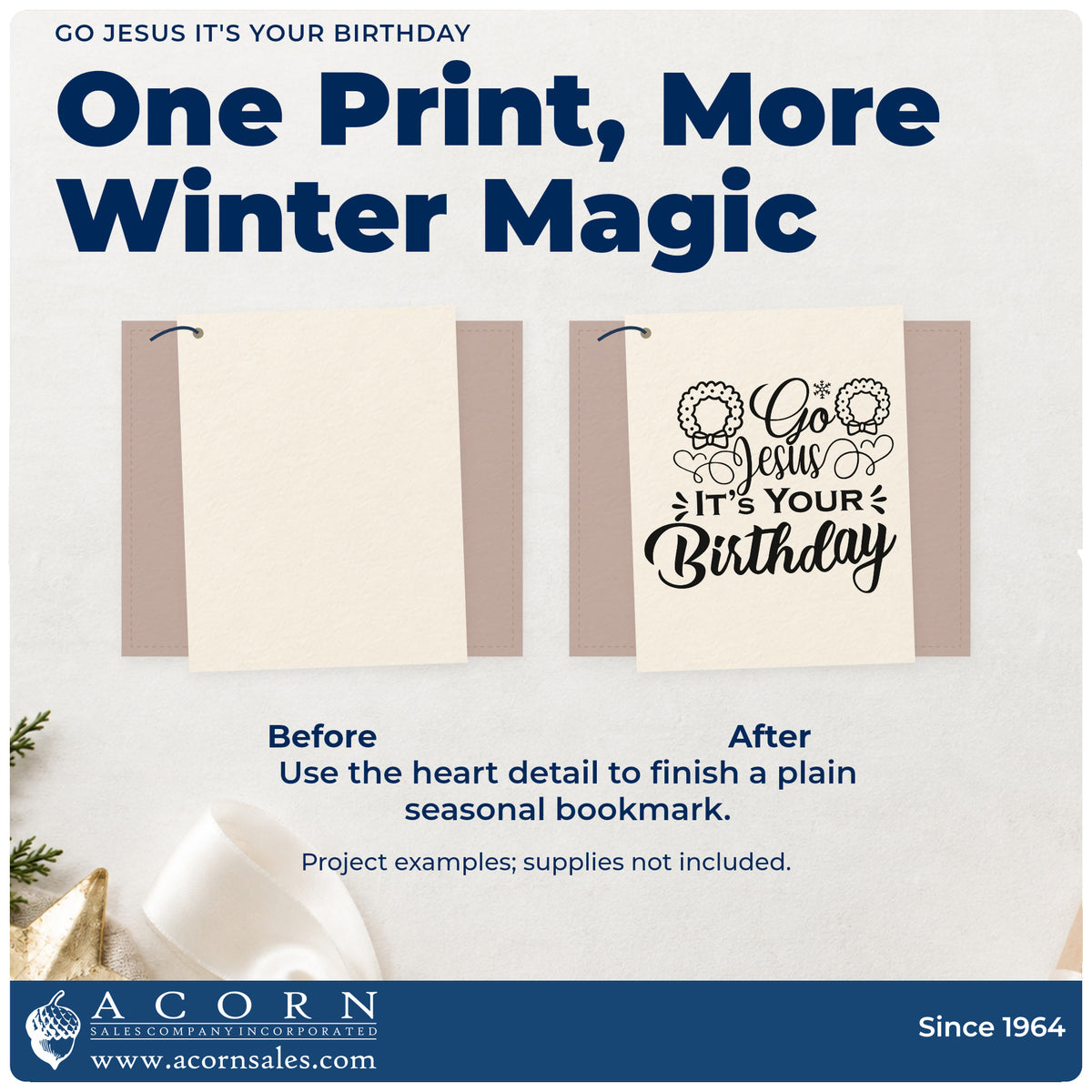 Before and after of a plain item finished with the Go Jesus It's Your Birthday Stamp – Self-Inking, a quick upgrade for framed kids wing.