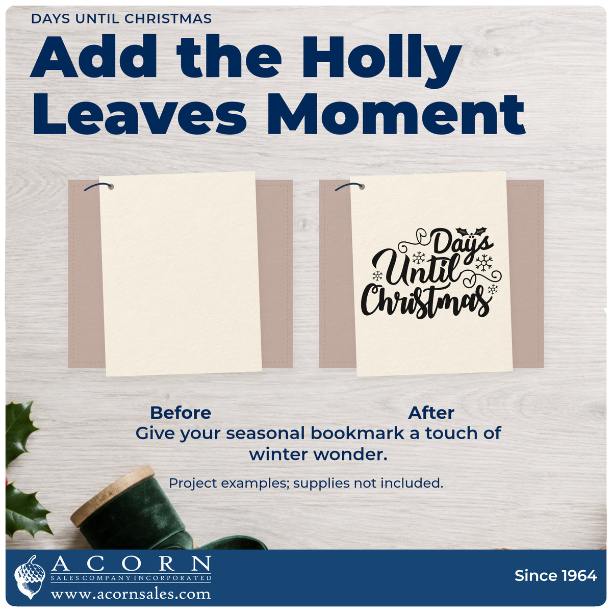 Before and after of a plain item finished with the Days Until Christmas Leaf Accents Premium Wooden Stamp – Vintage Pro, a quick upgrade for framed chalk board.
