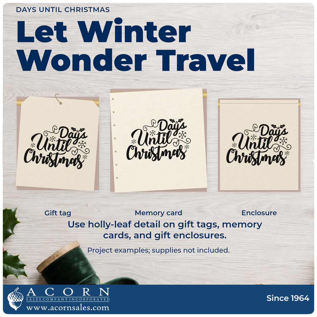 Three project examples made with the Days Until Christmas Leaf Accents Slim Pre-Inked Stamp, including blank count sheet.