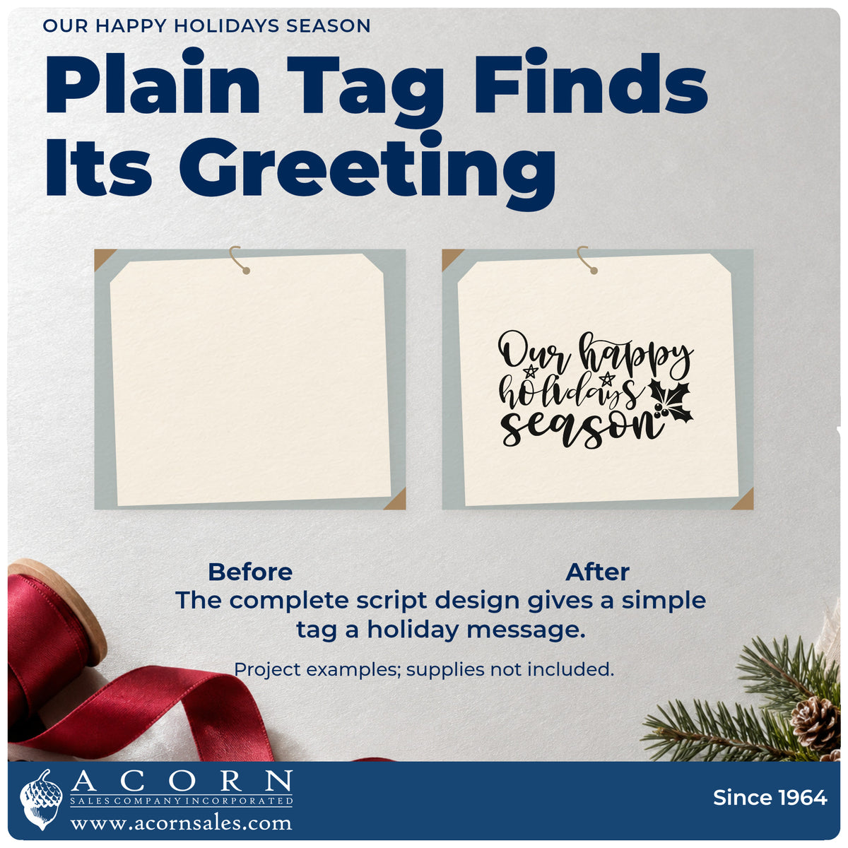 Before and after of a plain item finished with the Our Happy Holidays Season Pre-Inked Stamp – PSI, a quick upgrade for framed family room.