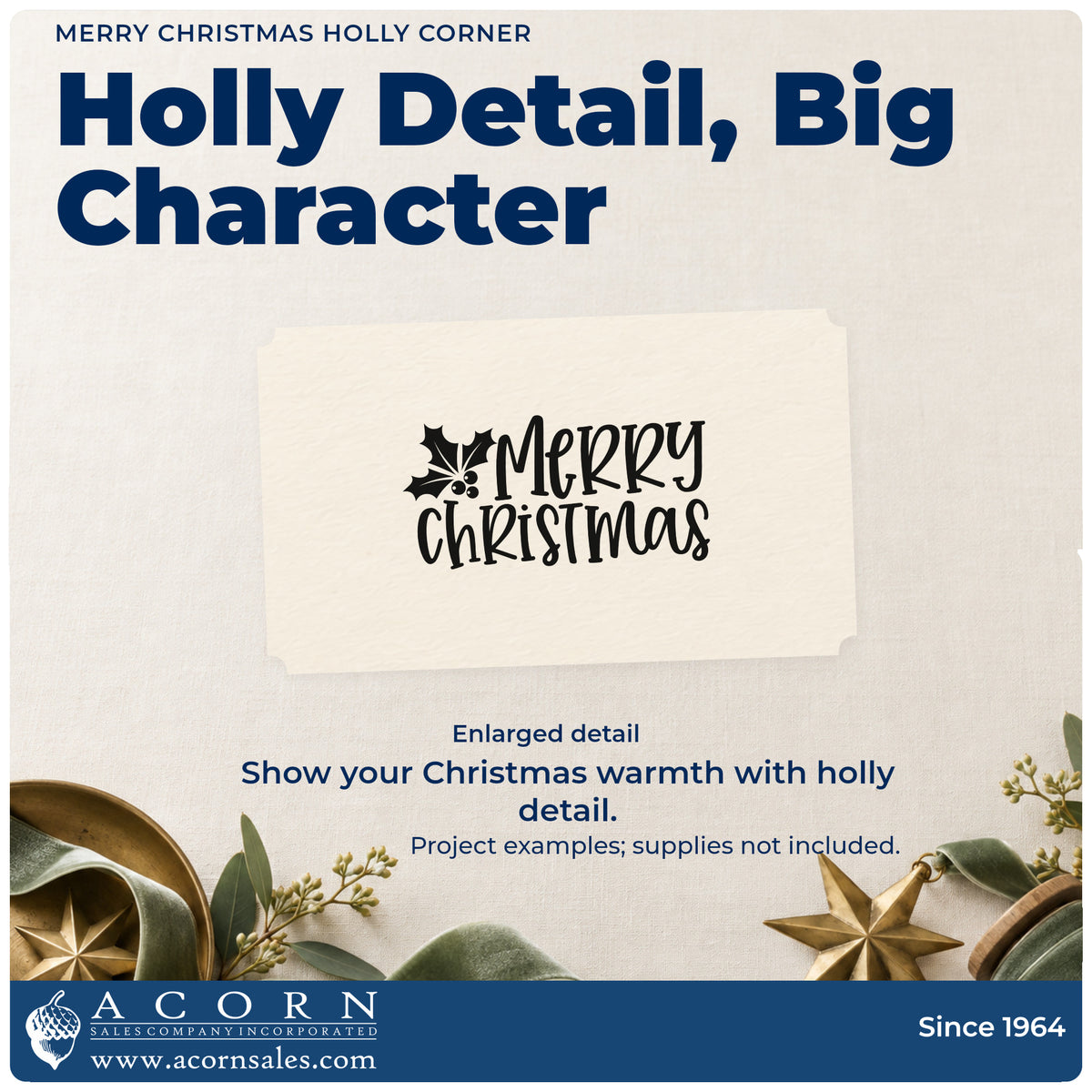 Enlarged detail of the Merry Christmas Holly Corner Block Lettering Self-Inking Stamp imprint. “Merry Christmas” appears in decorative capitals with holly in the upper left.