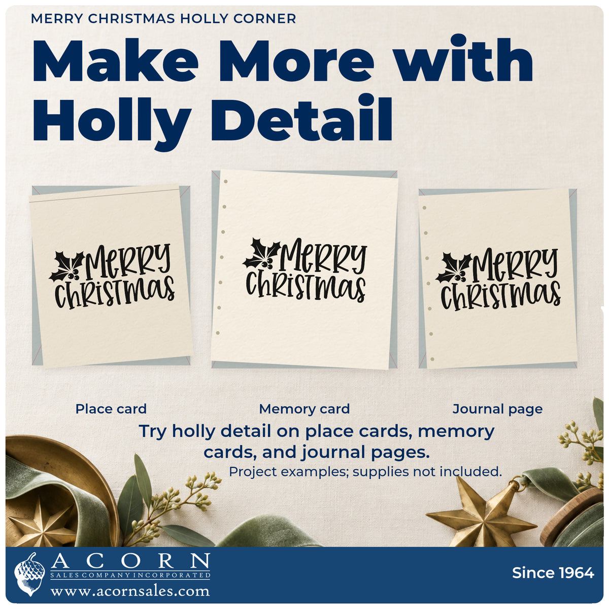 Three project examples made with the Merry Christmas Holly Corner Block Lettering Self-Inking Stamp, including letter head sheet.
