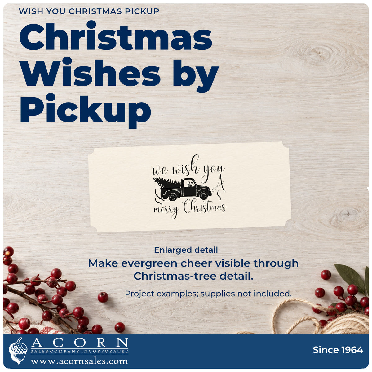 Enlarged detail of the Wish You Christmas Pickup Premium Wood-Mounted Stamp – Vintage Pro imprint. “We Wish You a Merry Christmas” surrounds a vintage pickup carrying a Christmas tree.