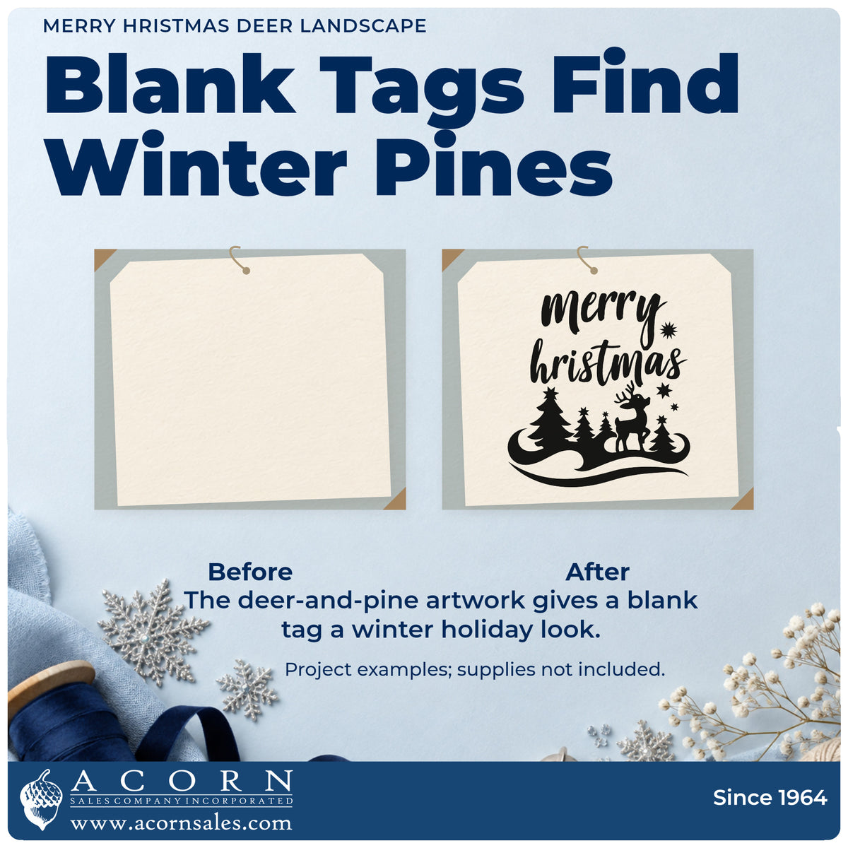 Before and after of a plain item finished with the Snowy Deer And Pine Landscape PSI Pre-Inked Stamp, a quick upgrade for framed wide landscape.