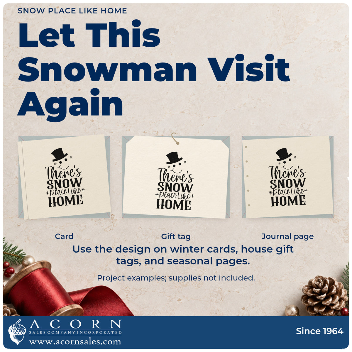 Three project examples made with the There's Snow Place Like Home Self-Inking Stamp, including address change sheet.
