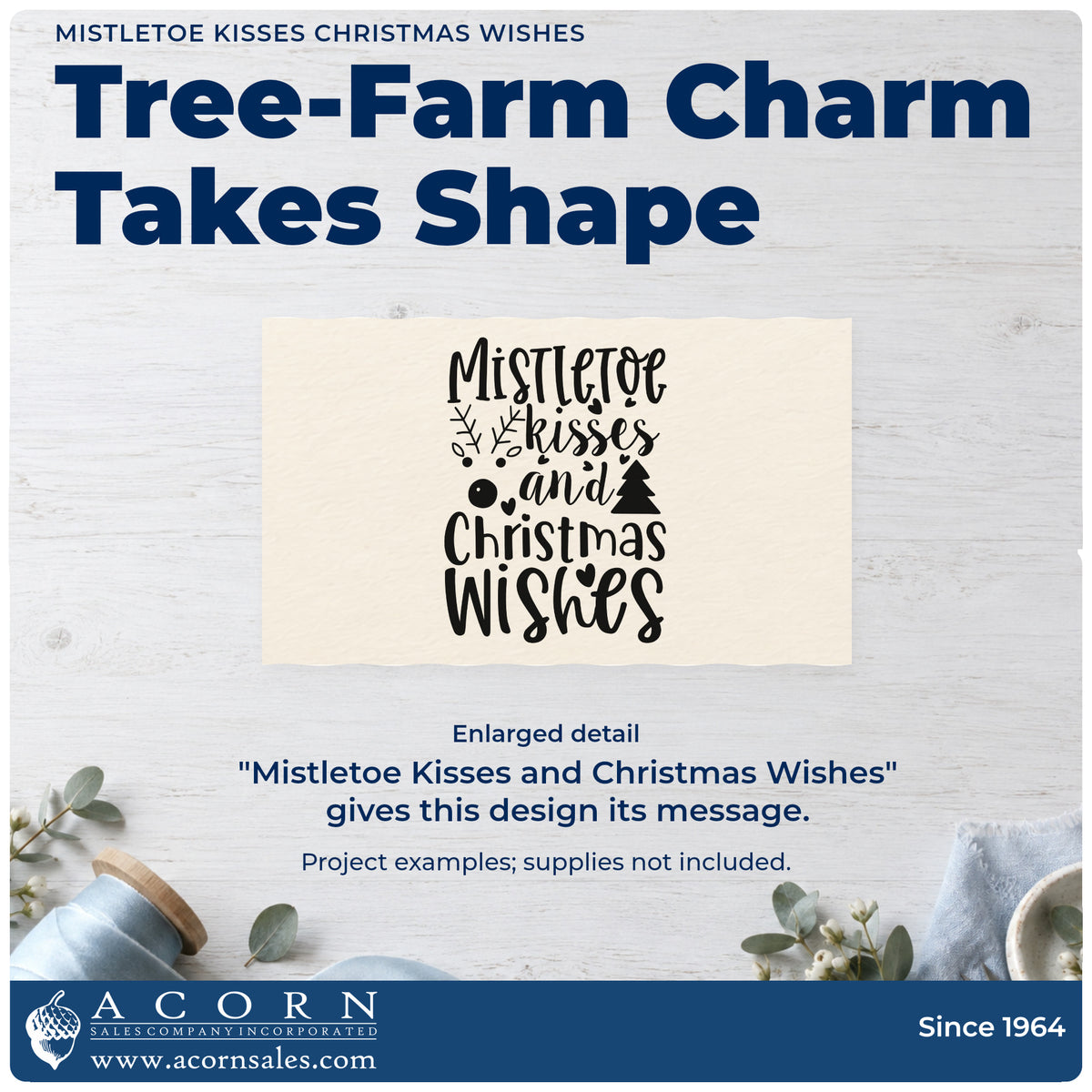 Enlarged detail of the Mistletoe Kisses Christmas Wishes Stamp – Self-Inking imprint. “Mistletoe Kisses and Christmas Wishes” features sprigs, small circles, and a tree.