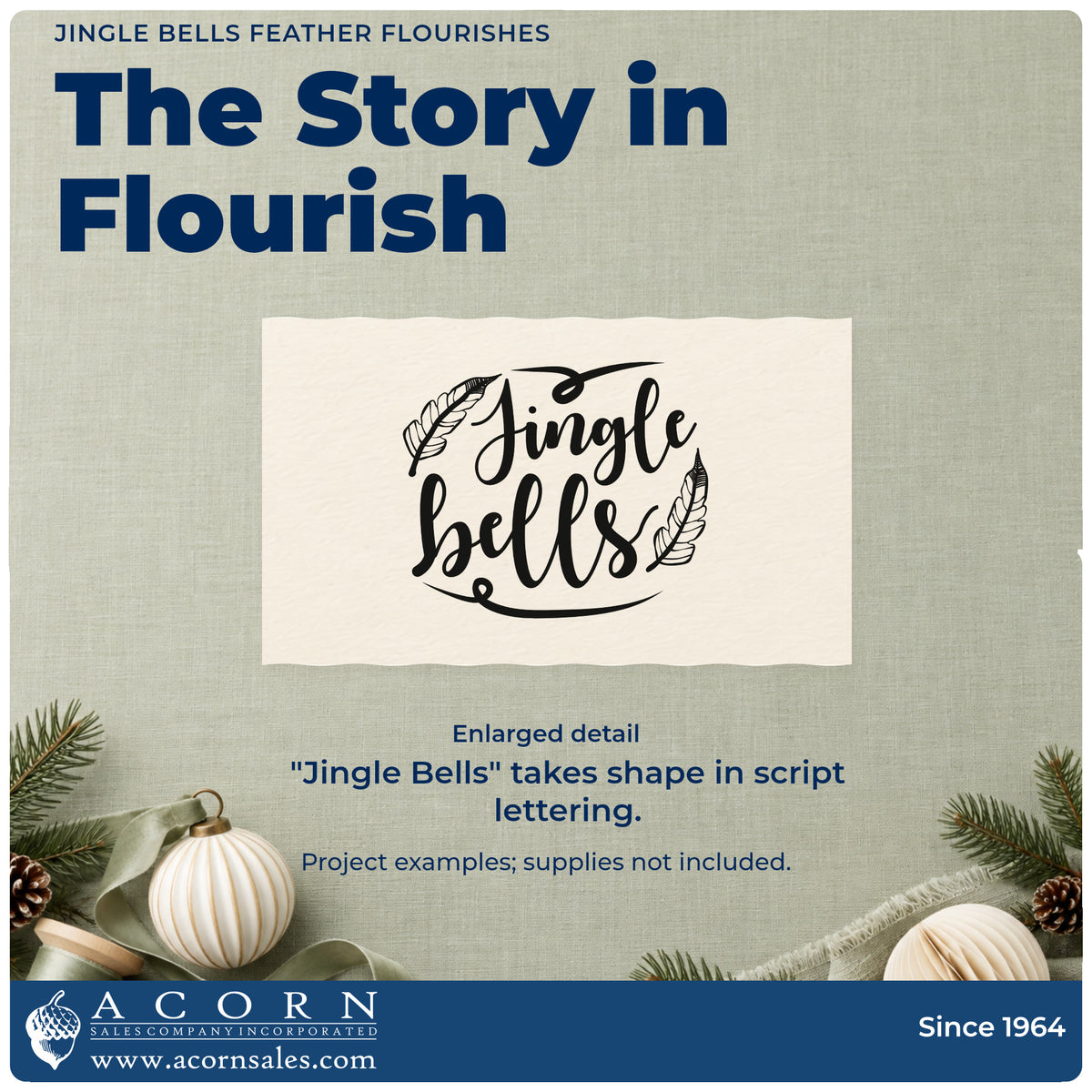 Enlarged detail of the Jingle Bells Feather Flourishes Premium Wooden Stamp – Vintage Pro imprint. "Jingle Bells" appears in thick script with two outlined feathers and curved flourishes.