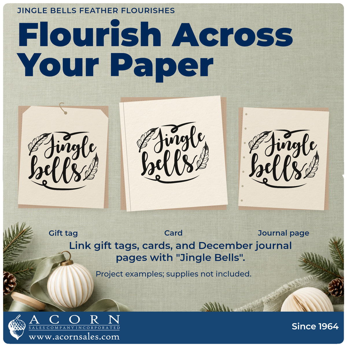 Three project examples made with the Jingle Bells Feather Flourishes Premium Wooden Stamp – Vintage Pro, including palette plan sheet.