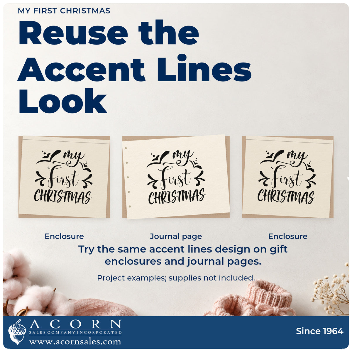 Three project examples made with the My First Christmas Script Lettering Compact Pre-Inked Stamp – Slim, including mailing order sheet.