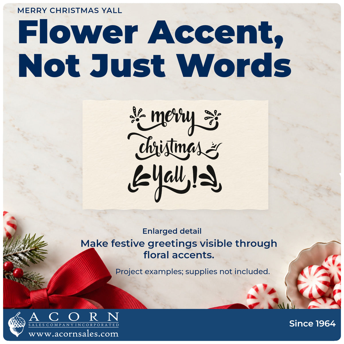 Enlarged detail of the Merry Christmas Yall Floral Accents Rubber Stamp – Wood Handle imprint. “Merry Christmas Y'all!” appears with small flowers and bold ornamental strokes.