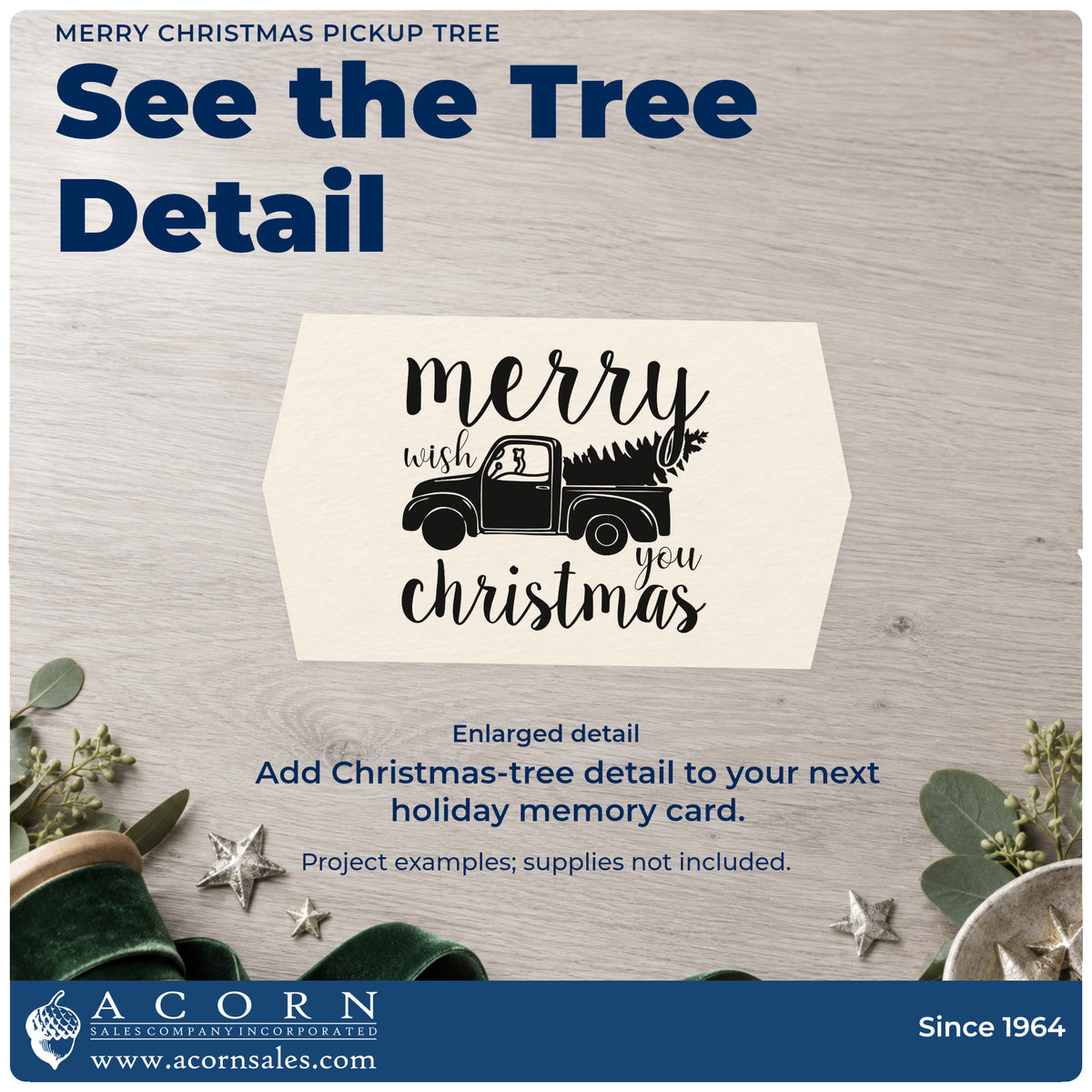 Enlarged detail of the Merry Christmas Pickup Tree Rubber Stamp – Duo Hand imprint. “Merry Wish You Christmas” surrounds a vintage pickup carrying a large evergreen tree.