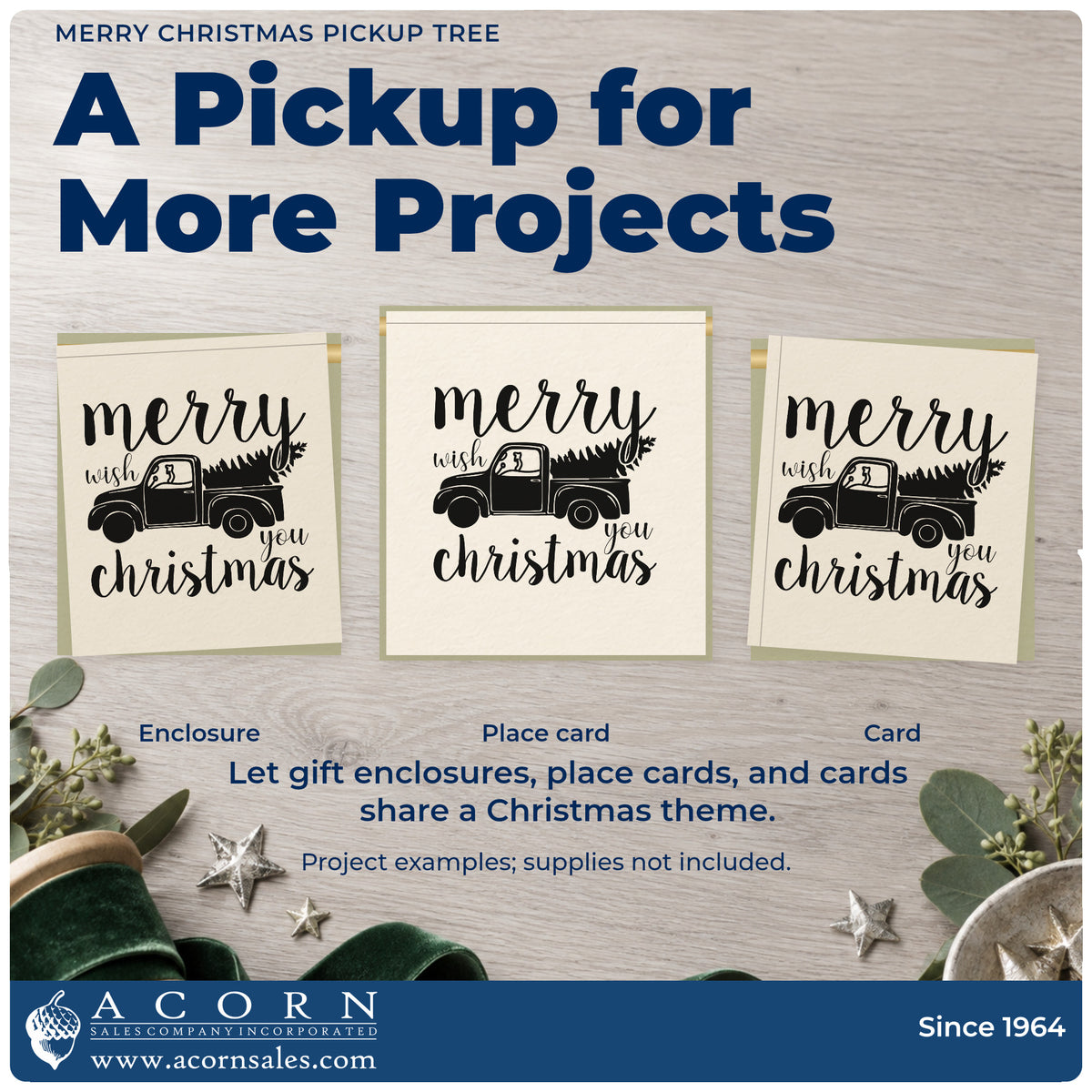 Three project examples made with the Merry Christmas Pickup Tree Pre-Inked Stamp – PSI, including route sheet header.