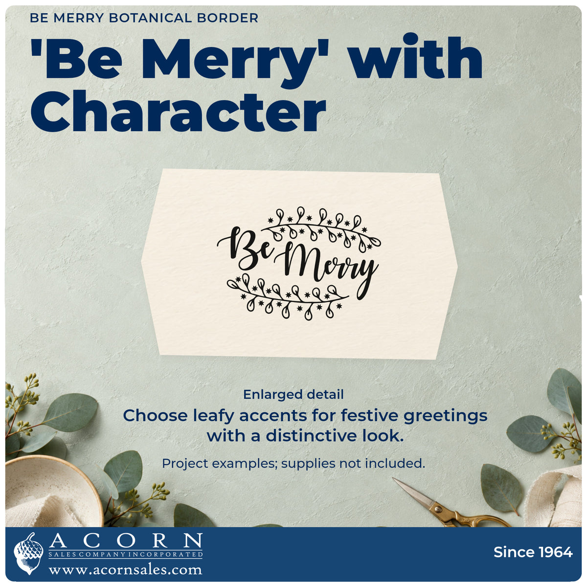Enlarged detail of the Duo Hand Be Merry Botanical Border Rubber Stamp imprint. “Be Merry” appears between curved branches of small leaves and buds.