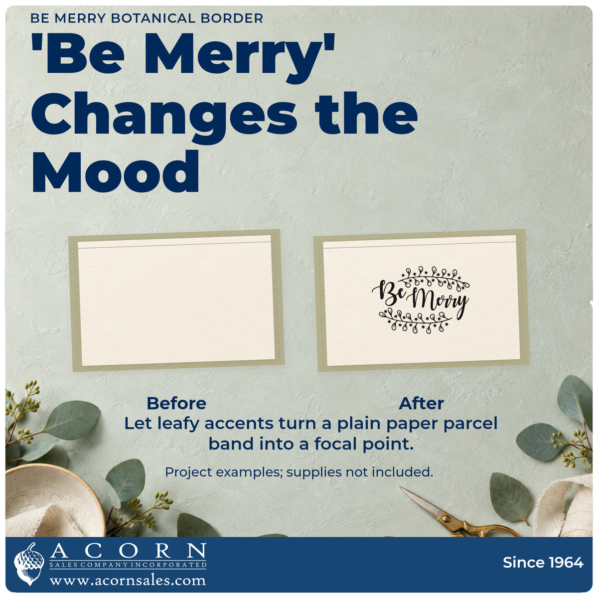 Before and after of a plain item finished with the Be Merry Botanical Border Wood-Mounted Rubber Stamp, a quick upgrade for framed botanical pair.