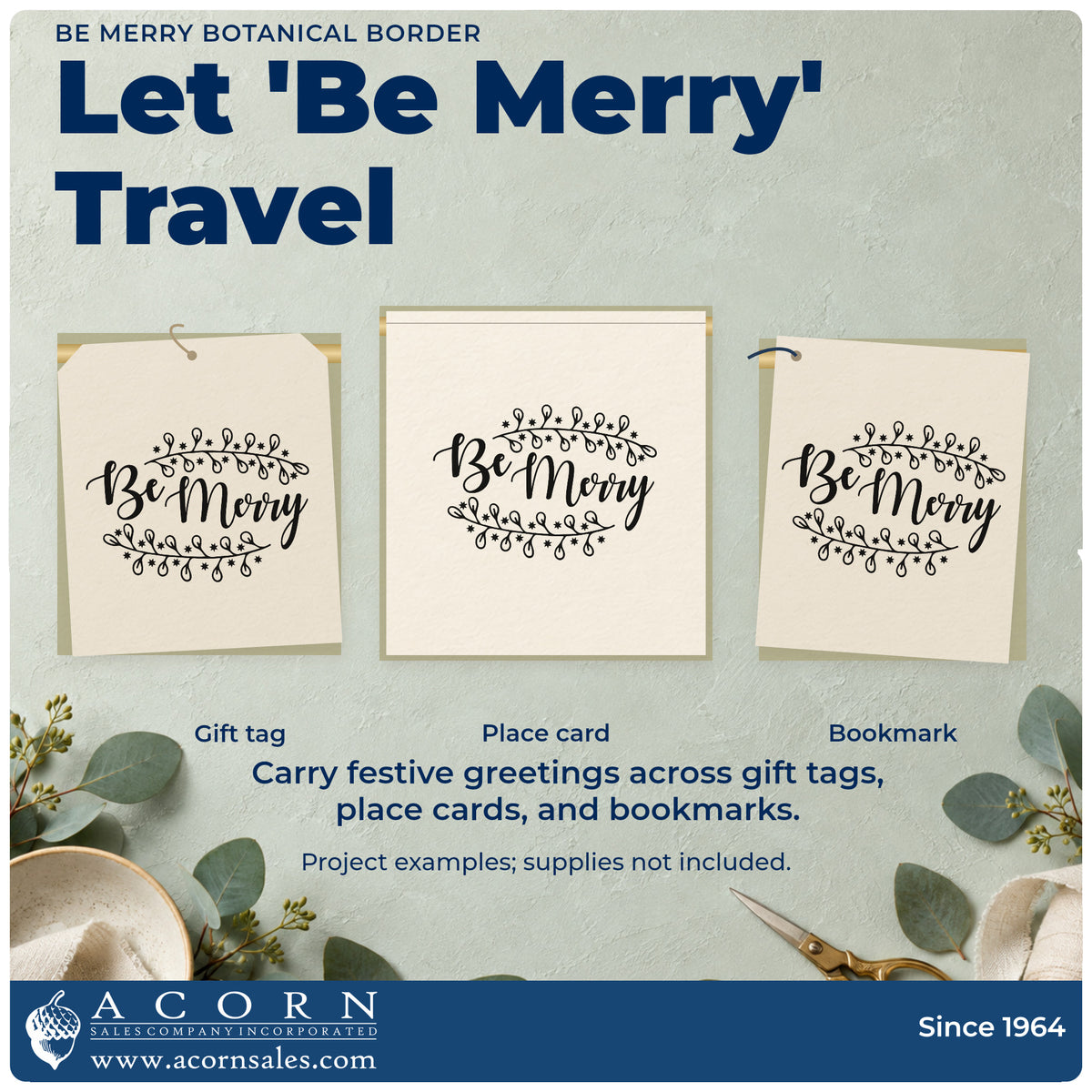 Three project examples made with the Premium Wooden Be Merry Botanical Border Stamp – Vintage Pro, including plant care sheet.