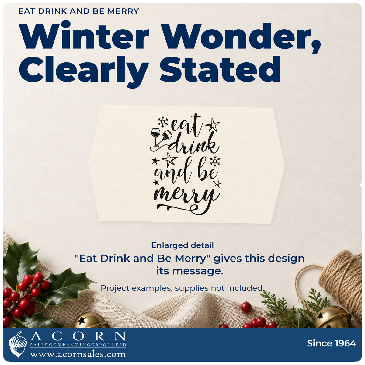 Enlarged detail of the Eat Drink And Be Merry Snowflakes Pre-Inked Stamp – PSI imprint. “Eat Drink and Be Merry” features clinking glasses, stars, and snowflakes.