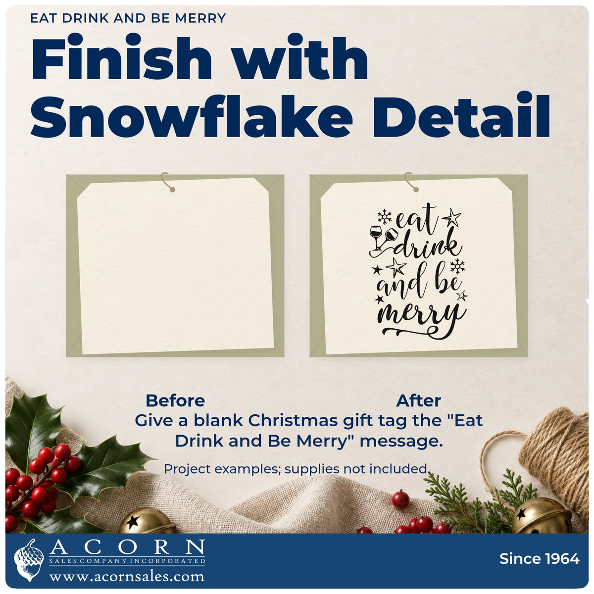 Before and after of a plain item finished with the Eat Drink And Be Merry Snowflakes Pre-Inked Stamp – PSI, a quick upgrade for framed sideboard art.