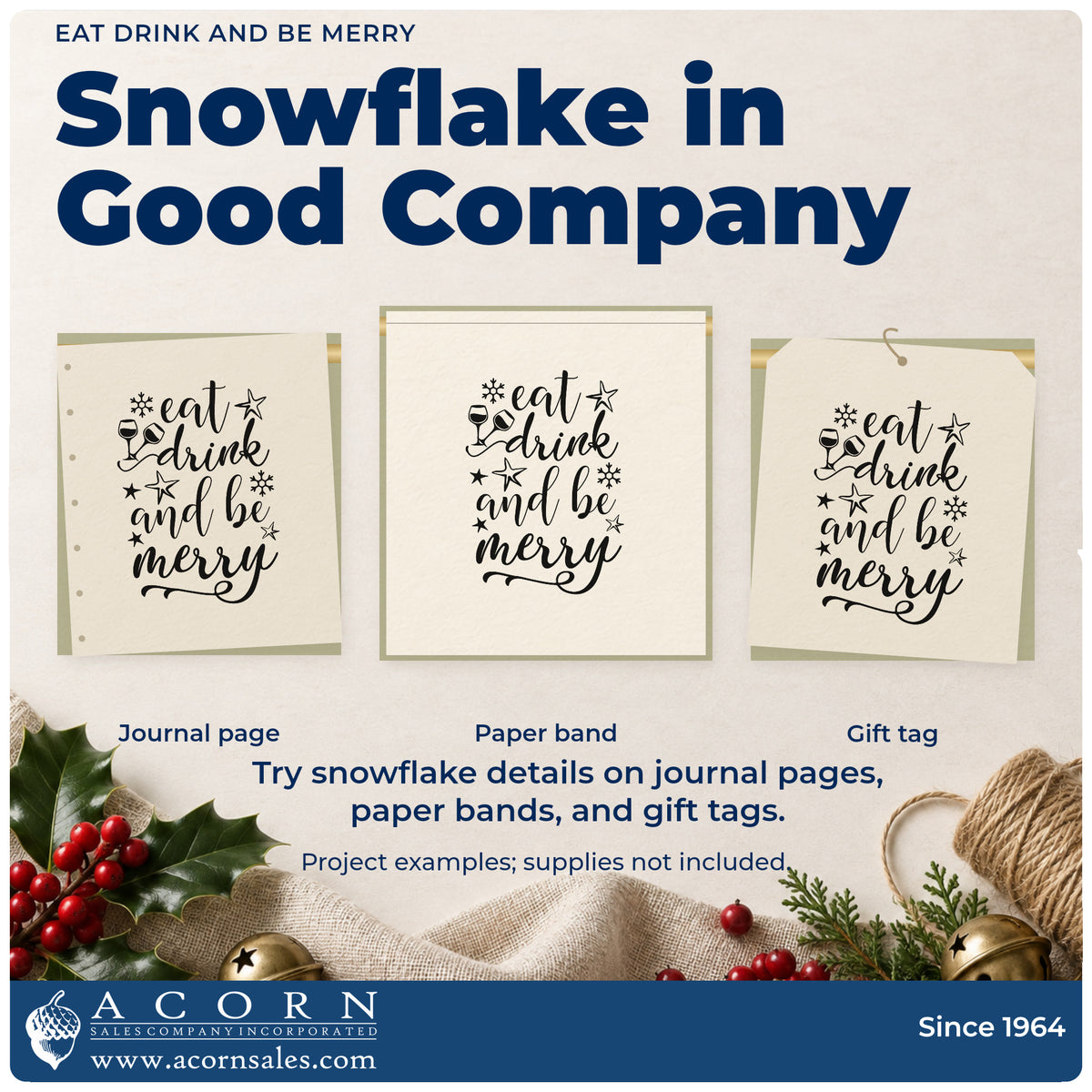 Three project examples made with the Eat Drink And Be Merry Snowflakes Premium Wooden Stamp – Vintage Pro, including course plan sheet.