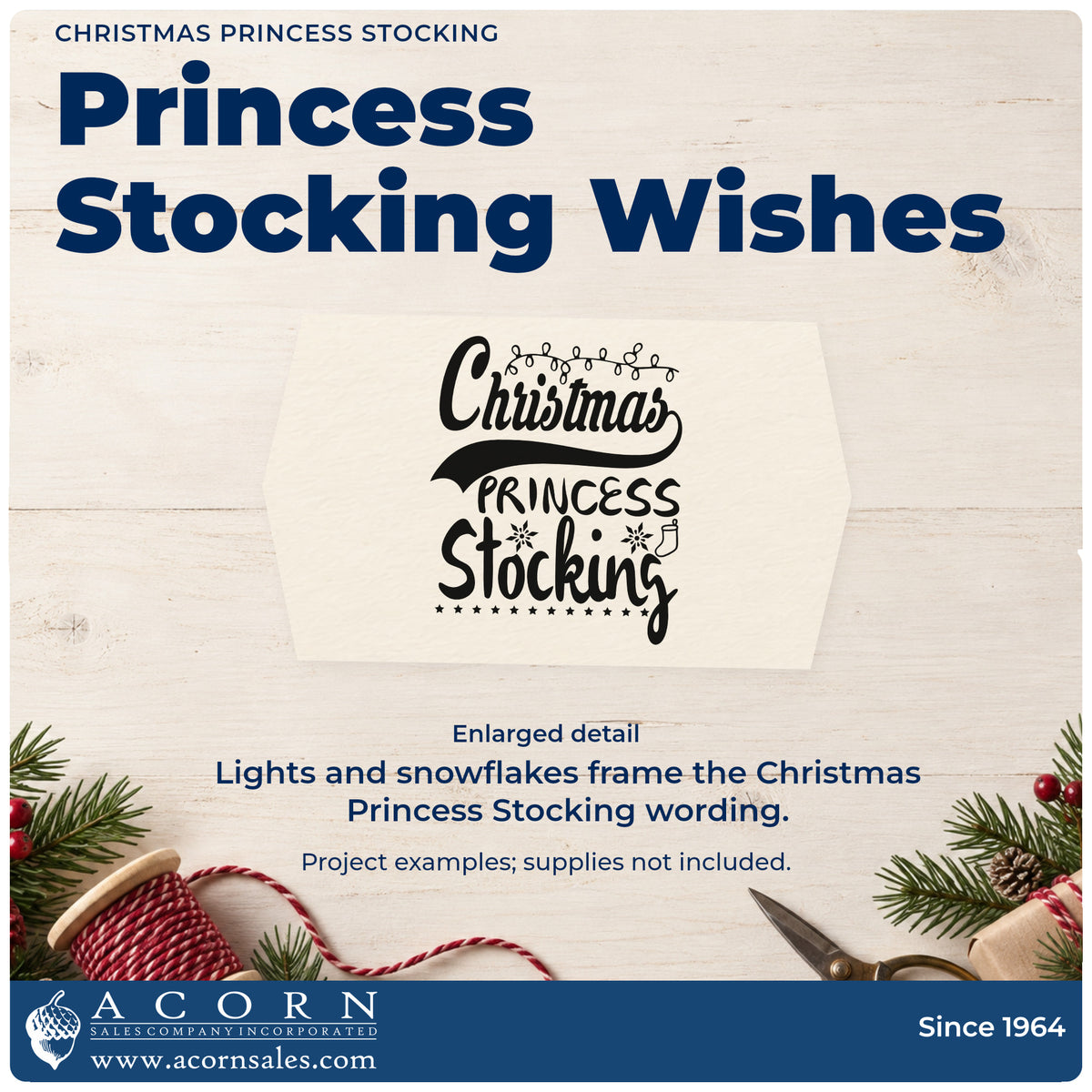 Enlarged detail of the Christmas Princess Stocking Self-Inking Stamp imprint. “Christmas Princess Stocking” features hanging lights, a dark swoosh, snowflakes, and a small stocking.