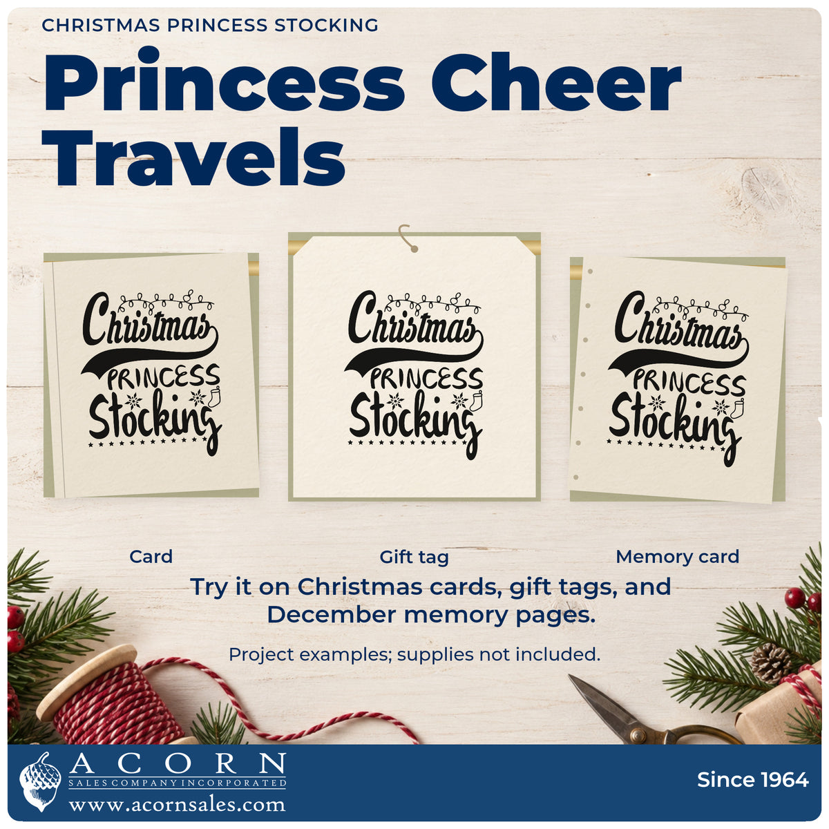 Three project examples made with the Vintage Pro Christmas Princess Stocking Premium Wooden Stamp, including filler idea sheet.