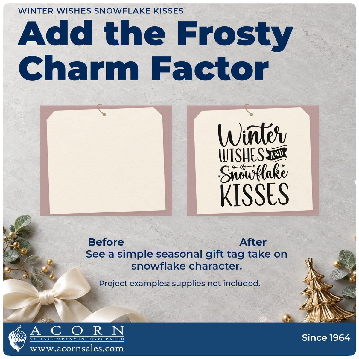 Before and after of a plain item finished with the Winter Wishes Snowflake Kisses Premium Wooden Stamp – Vintage Pro, a quick upgrade for framed hall runner.