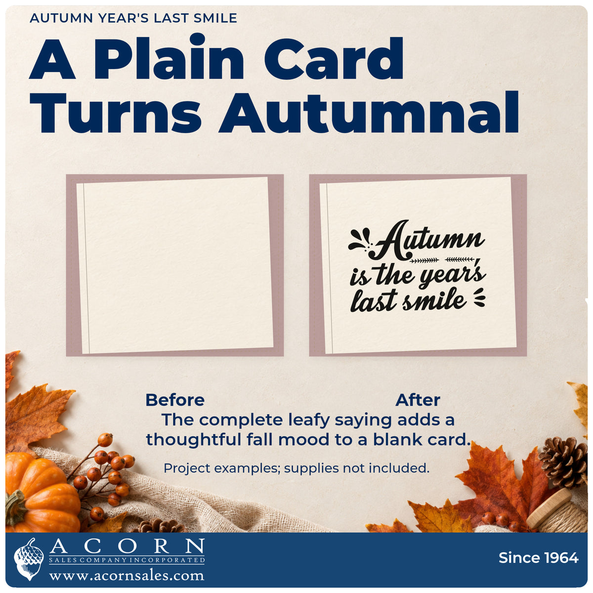 Before and after of a plain item finished with the Autumn Is The Year's Last Smile Slim Pre-Inked Stamp, a quick upgrade for framed autumn mantel.