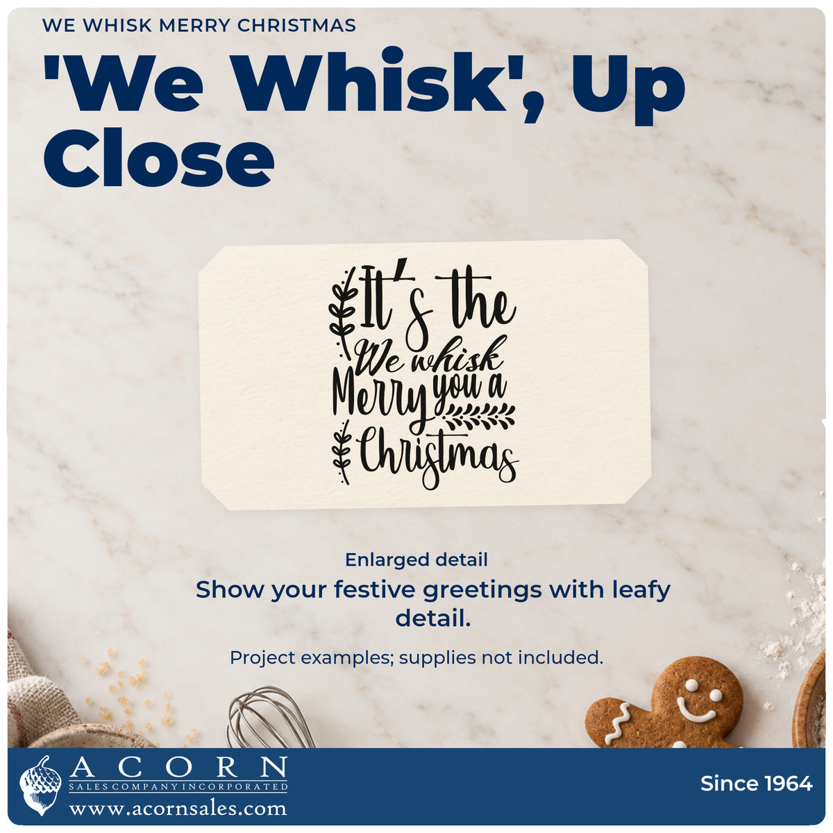 Enlarged detail of the We Whisk Merry Christmas Stamp – Premium Vintage Pro Wooden imprint. Stacked wording includes “It's the,” “We Whisk,” “Merry You a,” and “Christmas” with leafy sprigs.