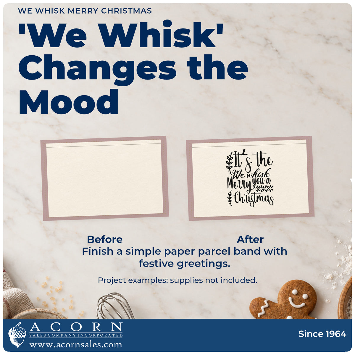 Before and after of a plain item finished with the We Whisk Merry Christmas Stamp – Premium Vintage Pro Wooden, a quick upgrade for framed mixer nook.