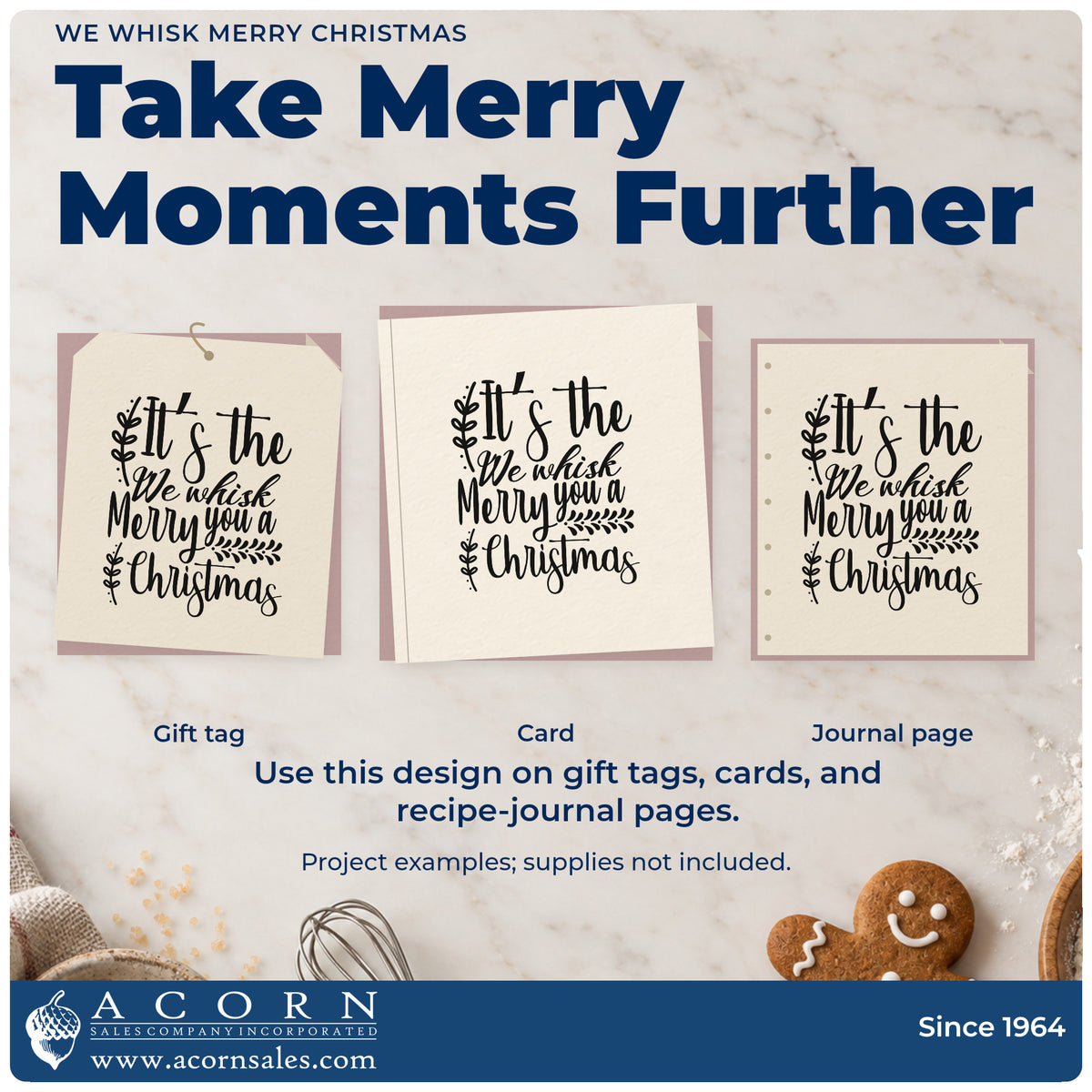 Three project examples made with the We Whisk Merry Christmas Craft Stamp – Self-Inking, including batch order sheet.