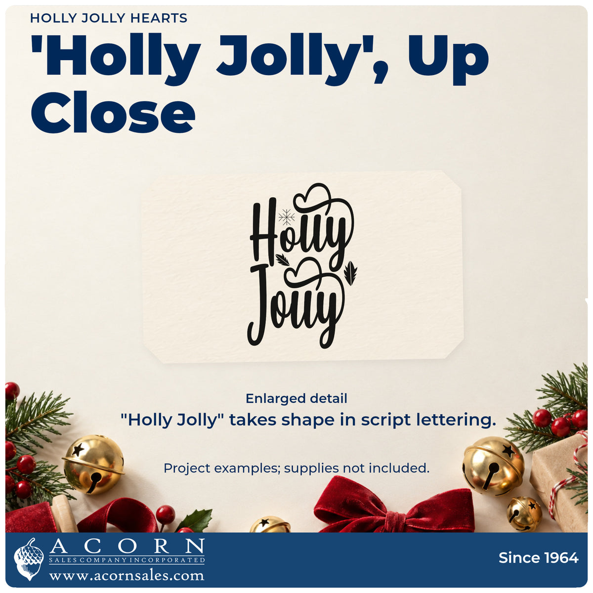 Enlarged detail of the Holly Jolly Heart Accents Rubber Stamp – Wood Handle imprint. “Holly Jolly” appears in tall script with outlined hearts and small leaf accents.