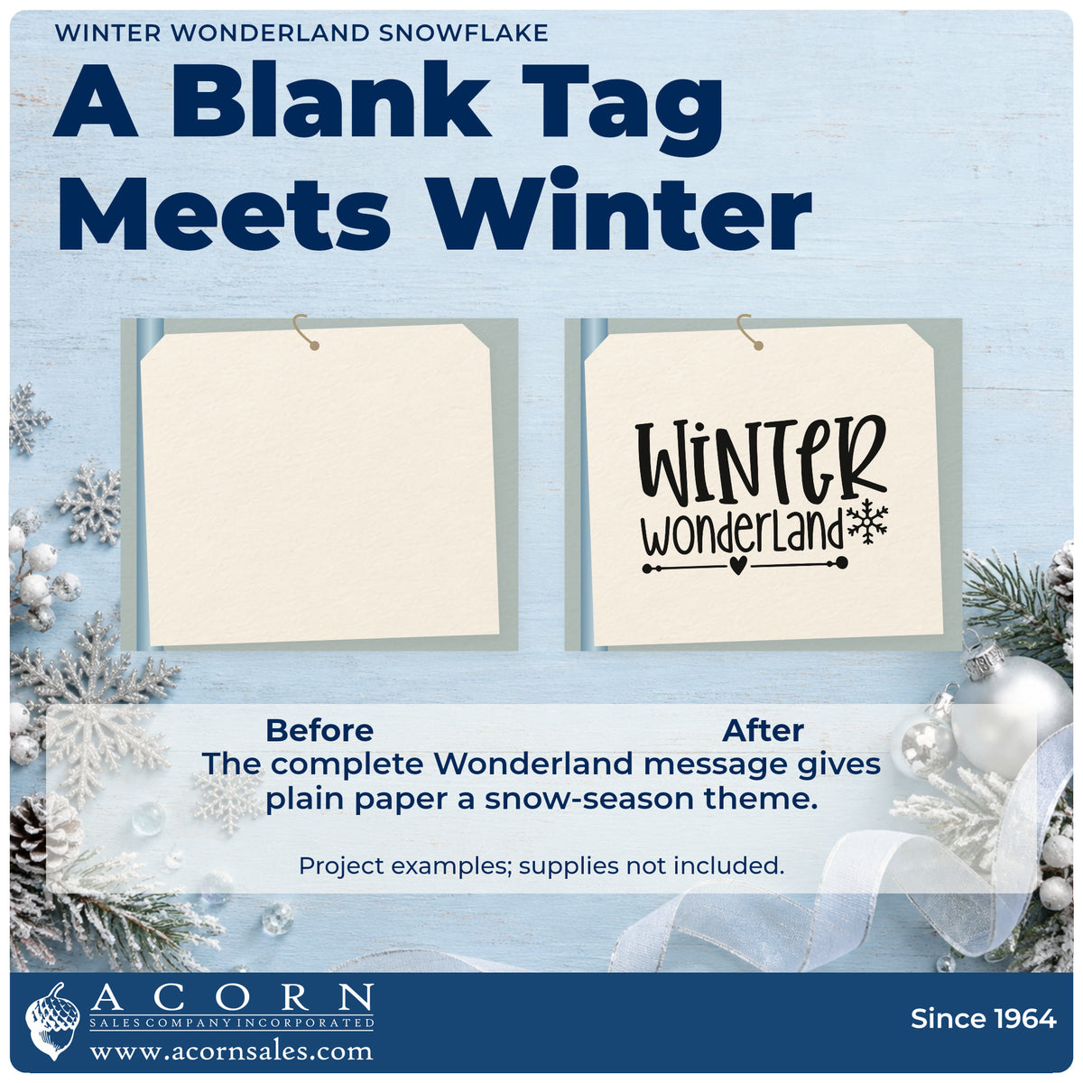 Before and after of a plain item finished with the Winter Wonderland Snowflake With Hearts PSI Pre-Inked Stamp, a quick upgrade for framed wide strip.