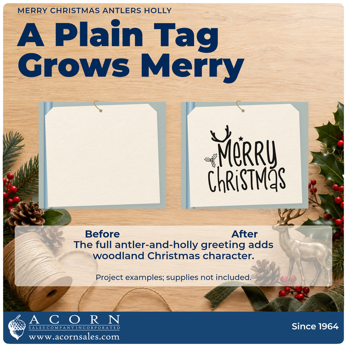 Before and after of a plain item finished with the Merry Christmas Antlers Holly Pre-Inked Stamp – PSI, a quick upgrade for framed small shelf.