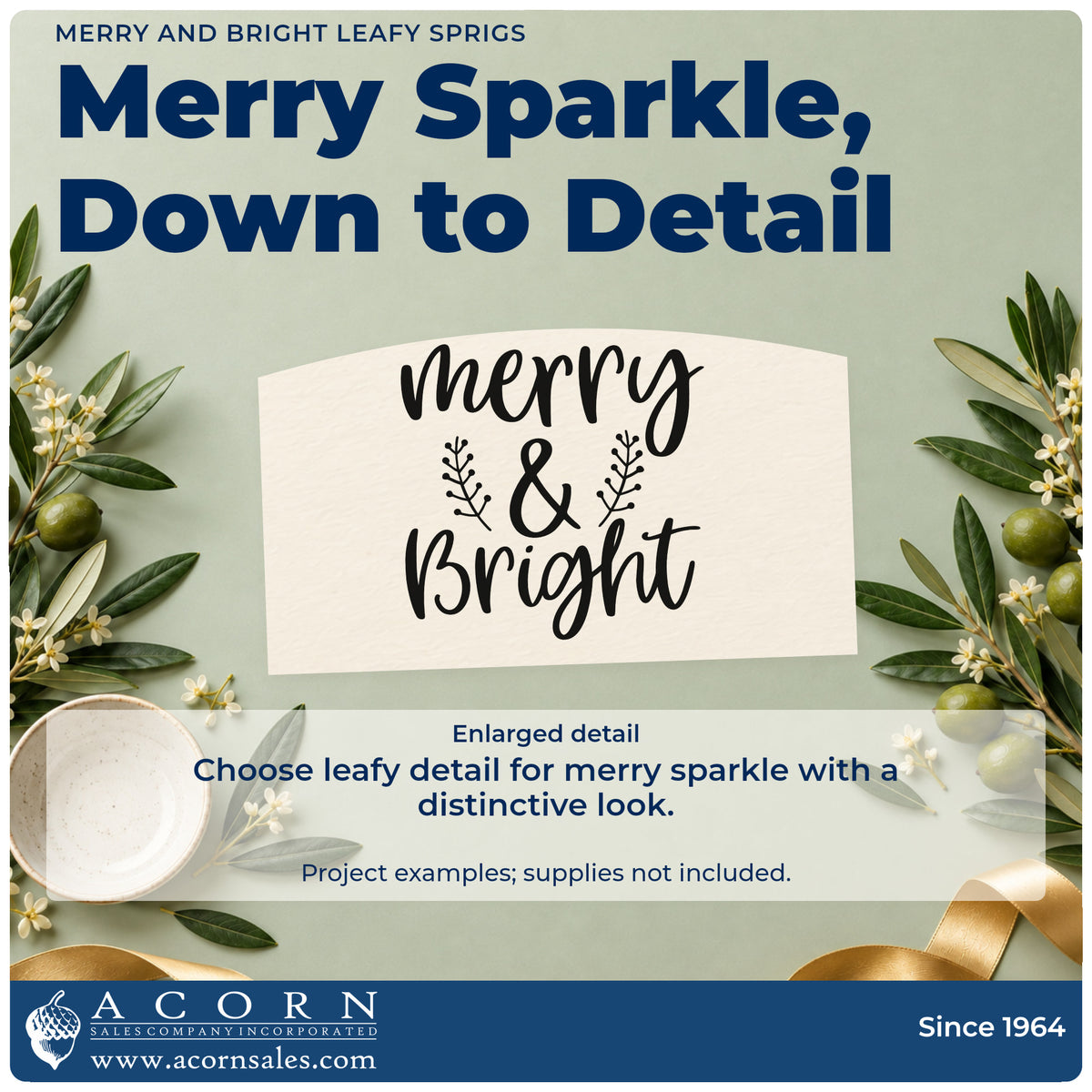 Enlarged detail of the Merry And Bright Leafy Sprigs Script Lettering PSI Pre-Inked Stamp imprint. “Merry & Bright” appears in flowing script with two small leafy sprigs.