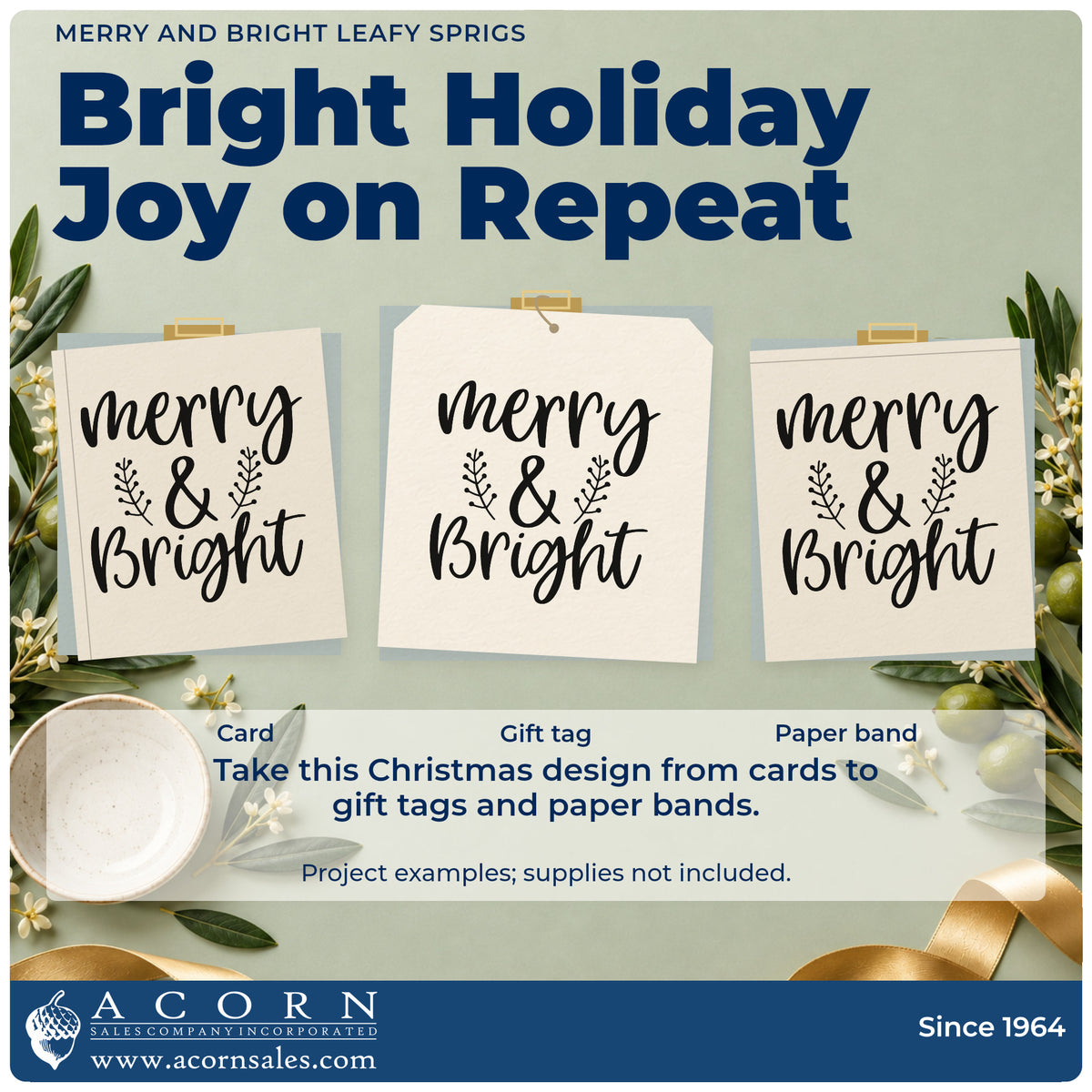 Three project examples made with the Merry And Bright Leafy Sprigs Script Lettering Pre-Inked Stamp – Slim, including split plan sheet.