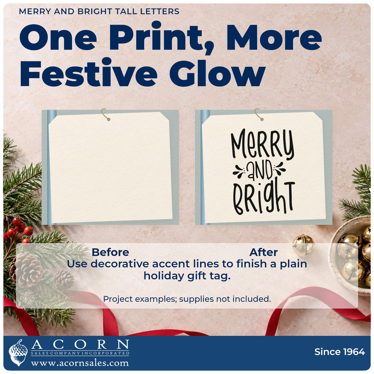 Before and after of a plain item finished with the Merry And Bright Tall Letters Premium Wooden Stamp – Vintage Pro, a quick upgrade for framed triptych center.