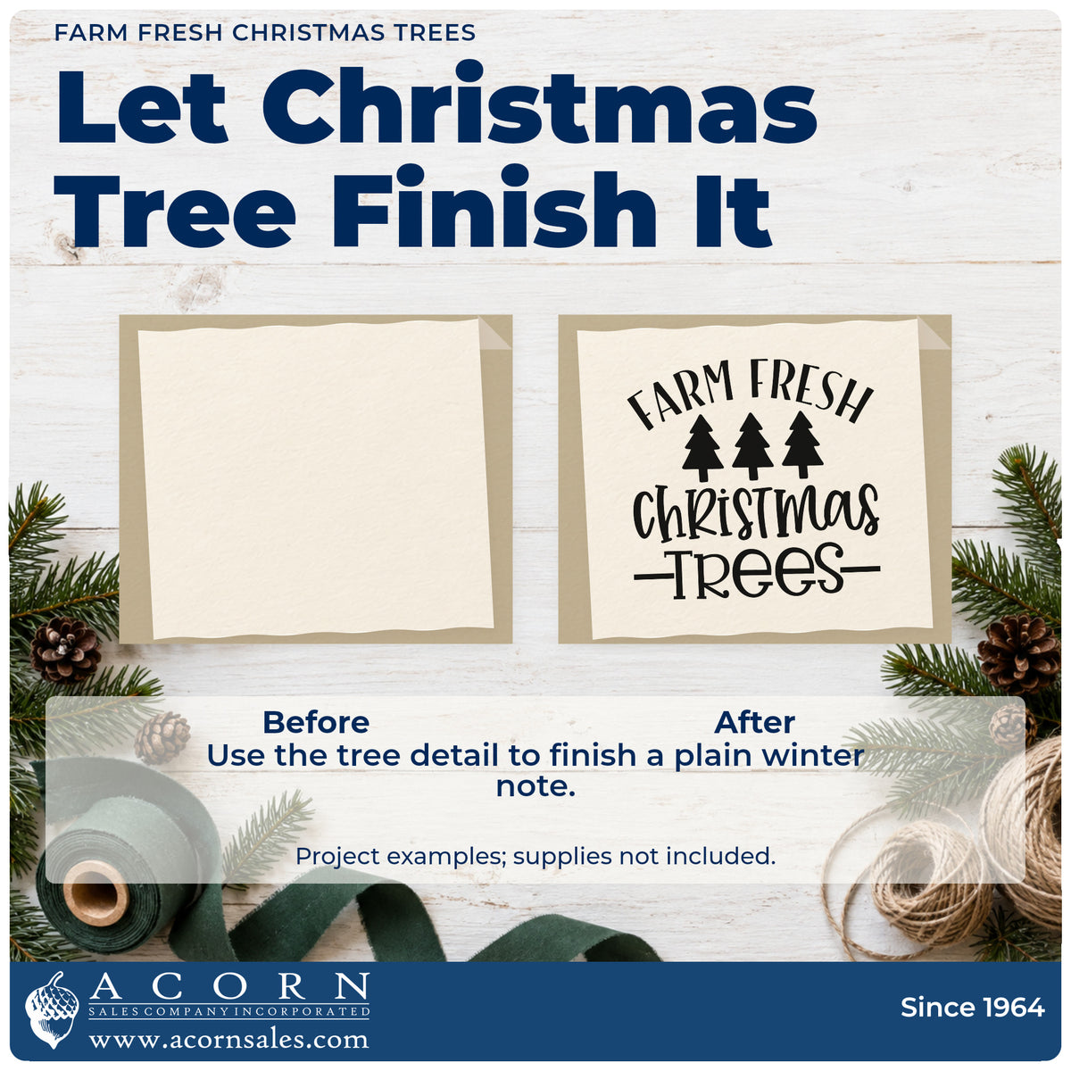 Before and after of a plain item finished with the Three Pines Farm Fresh Christmas Trees Rubber Stamp – Wood Handle, a quick upgrade for framed sales office.