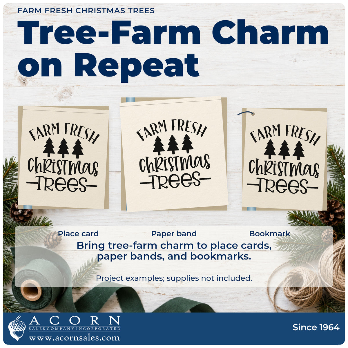 Three project examples made with the Three Pines Farm Fresh Christmas Trees Stamp – Self-Inking, including invoice header sheet.
