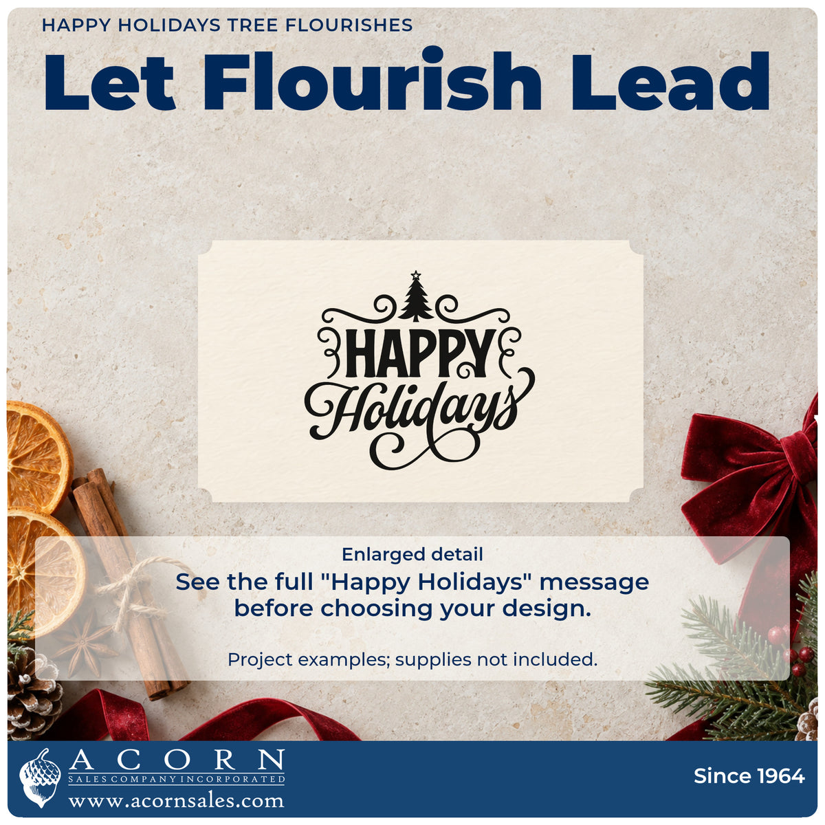 Enlarged detail of the Happy Holidays Tree Flourishes Pre-Inked Stamp – PSI imprint. “Happy Holidays” appears with a small tree and ornate looping flourishes.