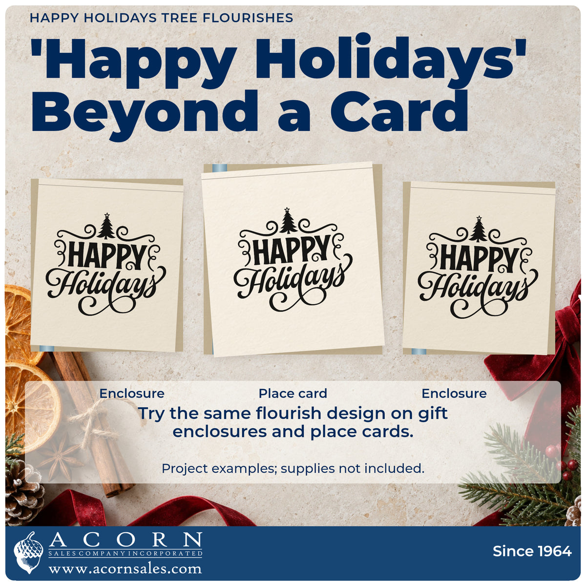 Three project examples made with the Happy Holidays Tree Flourishes Pre-Inked Stamp – PSI, including thank you list sheet.