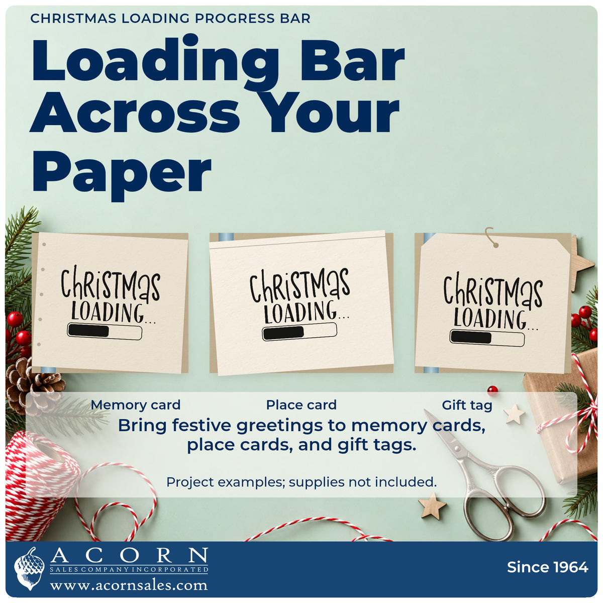 Three project examples made with the Pre-Inked Christmas Loading Progress Bar Stamp – PSI, including percent done sheet.