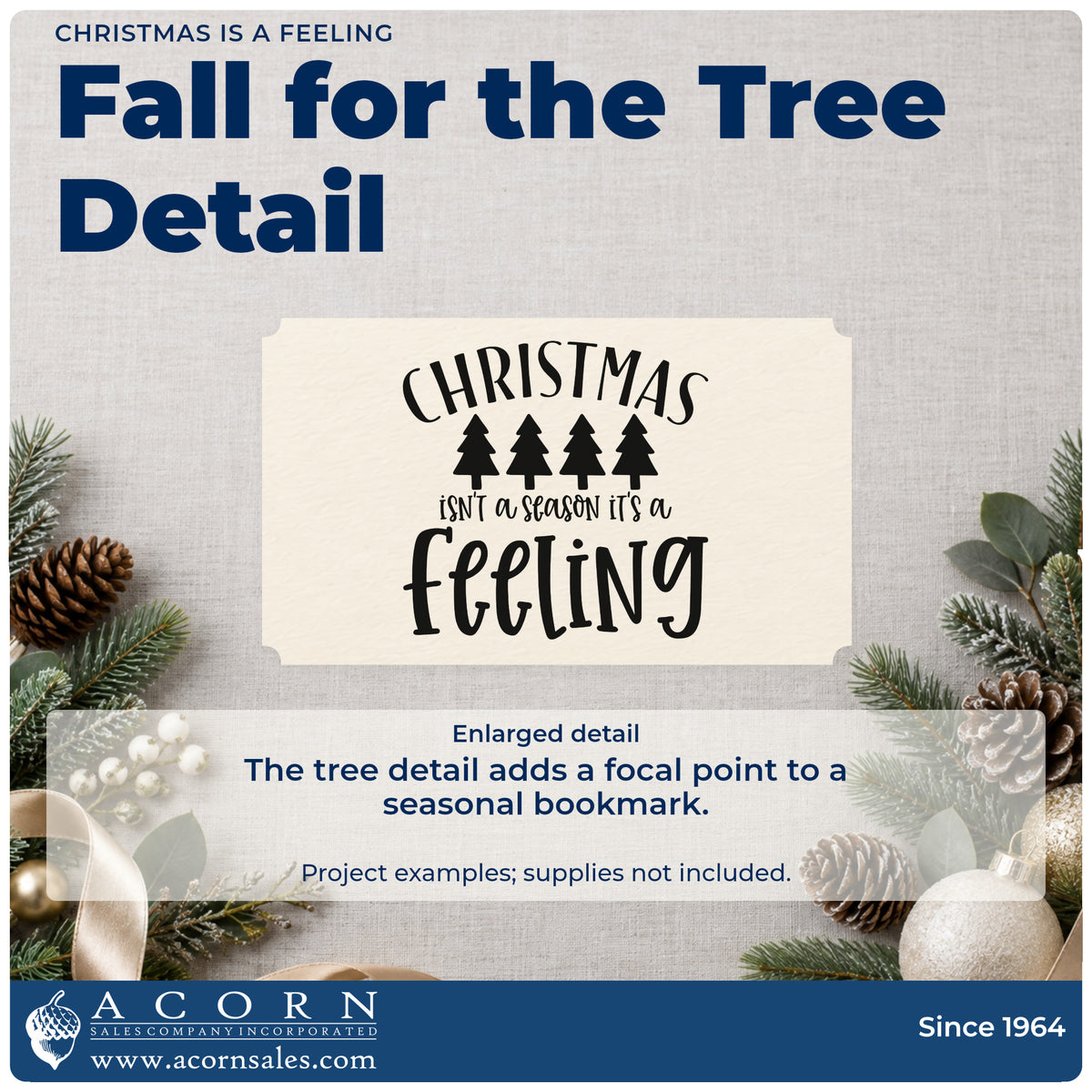 Enlarged detail of the Christmas Isn't A Season It's A Feeling PSI Pre-Inked Stamp imprint. “Christmas Isn't a Season It's a Feeling” features a row of four evergreen trees.