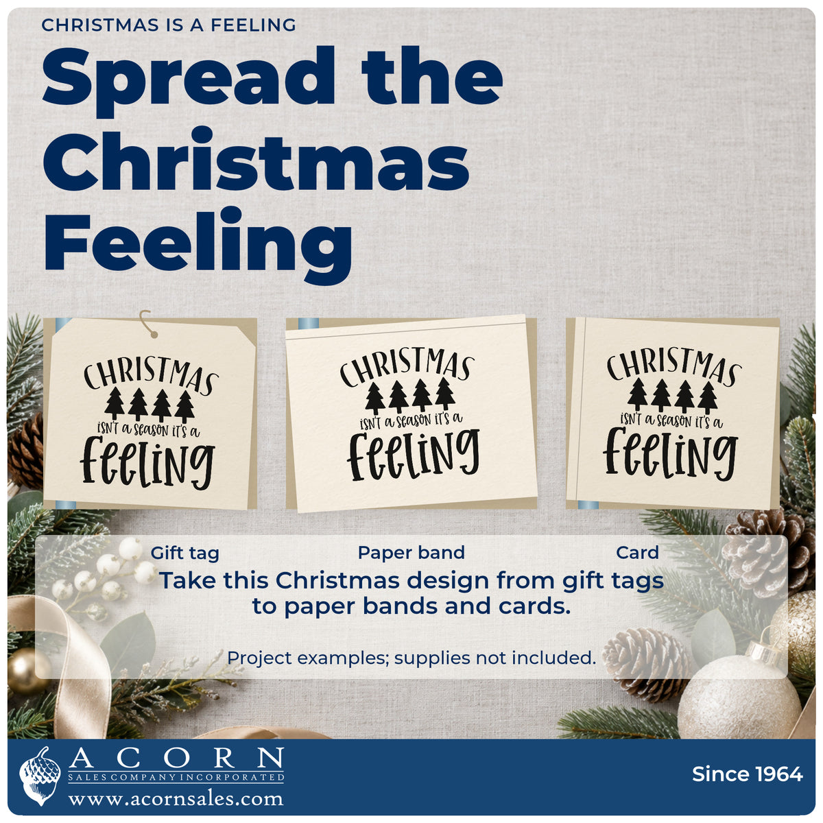 Three project examples made with the Christmas Isn't A Season It's A Feeling Premium Wooden Stamp – Vintage Pro, including reflection note sheet.